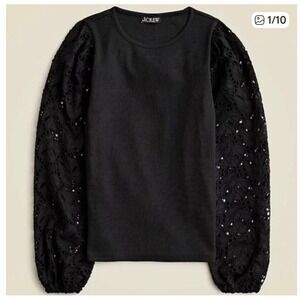 J Crew Vintage Rib Top W Co Lace‎ Puff Sleeve Black Small New With Tags